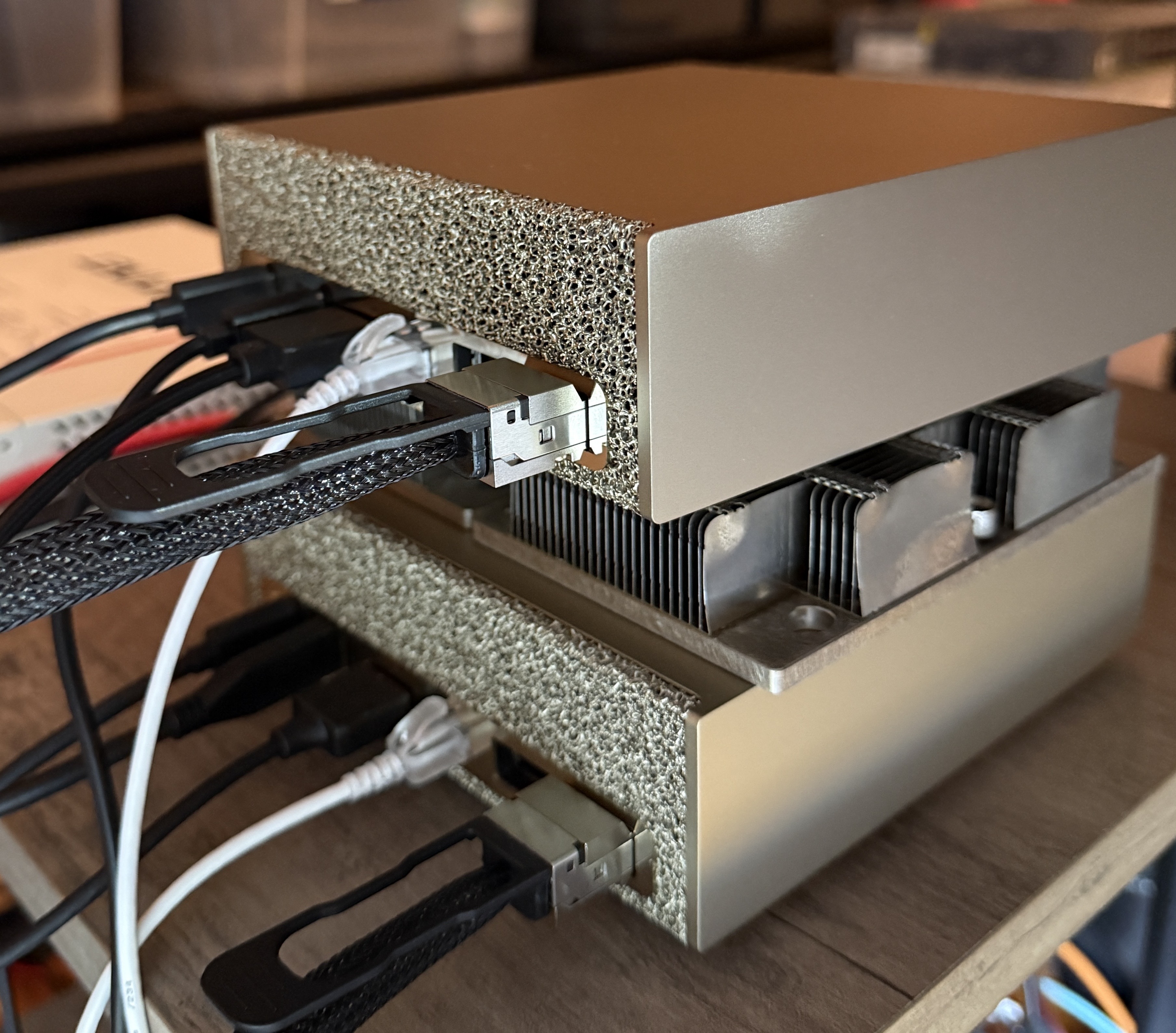 The QSFP cable linking the two Sparks, rear view